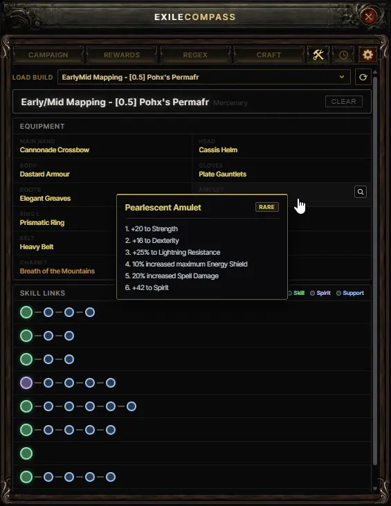 Build import overlay showing skill gems, equipment and stats from a Path of Building import