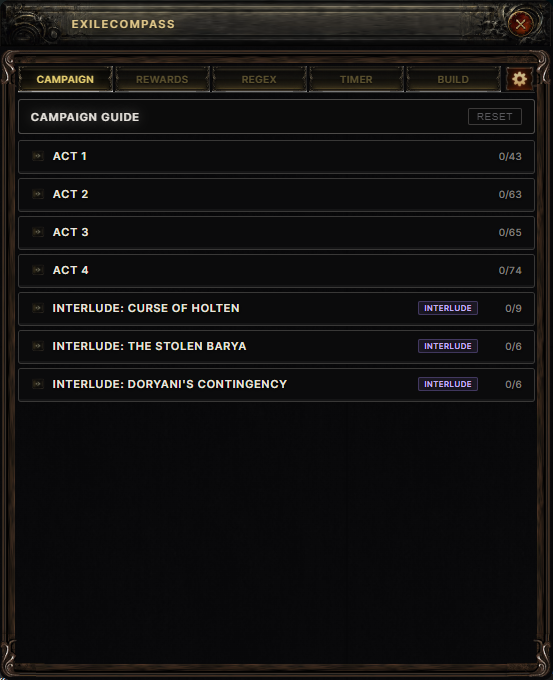 Exile Compass campaign guide overlay showing acts and interludes with quest counts