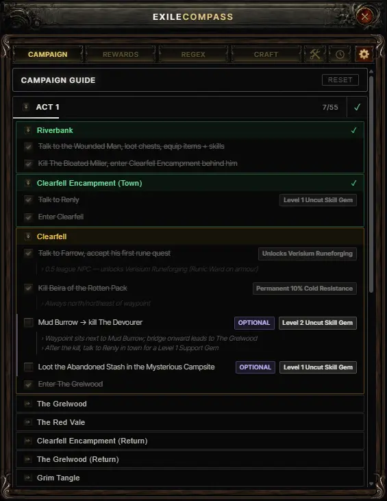 Campaign guide overlay listing Act 1 through Act 4 and three interludes
