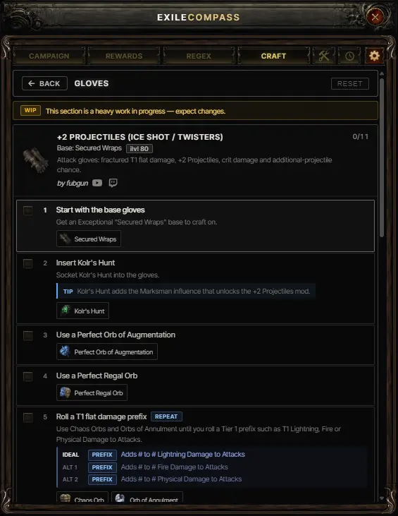 Crafting guide overlay showing an ordered list of crafting steps with currency and target mods