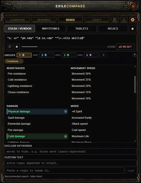 Stash regex builder overlay with mod snippets, condition groups and a live character counter