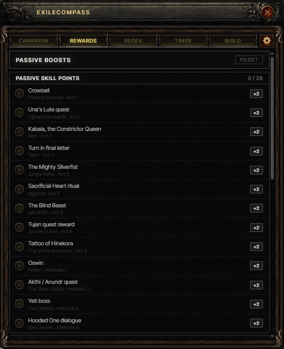 Passive boosts overlay listing passive skill point rewards by quest and act