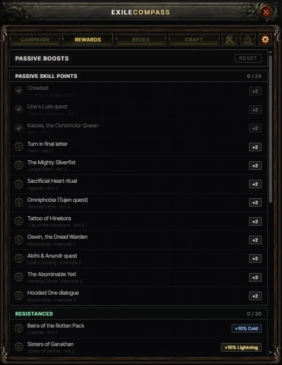 Passive boosts overlay listing passive skill point rewards by quest and act