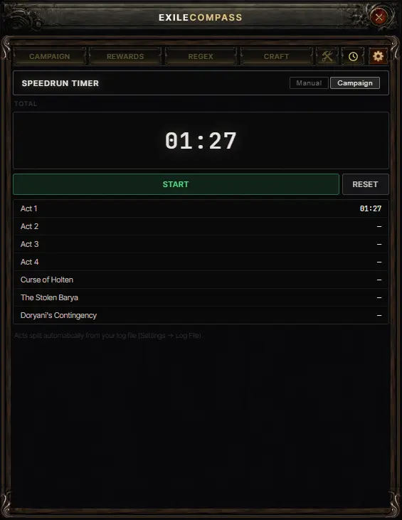 Speedrun timer overlay showing per-act campaign splits