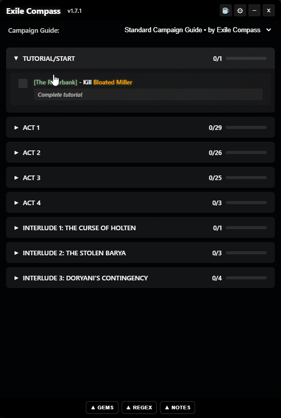 Exile Compass Interface showing quest tracking in action