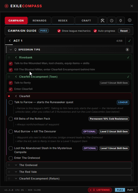 Exile Compass overlay showing the campaign guide, crafting guides, stash regex, rewards, timer and build import