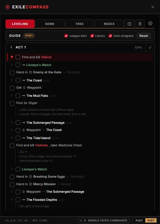 Path of Exile 1 leveling route with Act 1 campaign steps