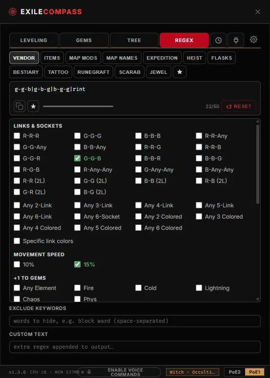 Path of Exile 1 stash regex builder