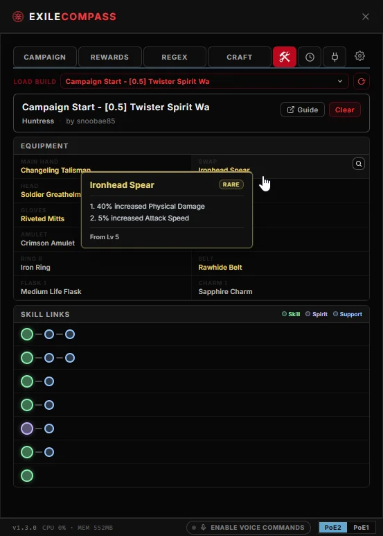 Build import overlay showing skill gems, equipment and stats from a Path of Building import