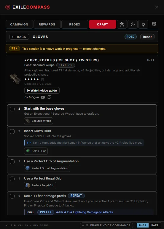 Crafting guide overlay showing an ordered list of crafting steps with currency and target mods