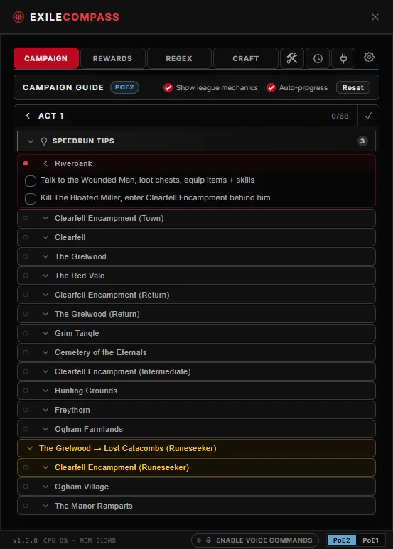 Campaign guide overlay listing Act 1 through Act 4 and three interludes