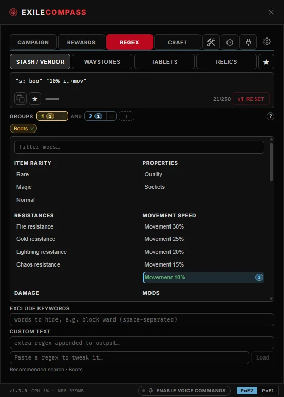 Stash regex builder overlay with mod snippets, condition groups and a live character counter