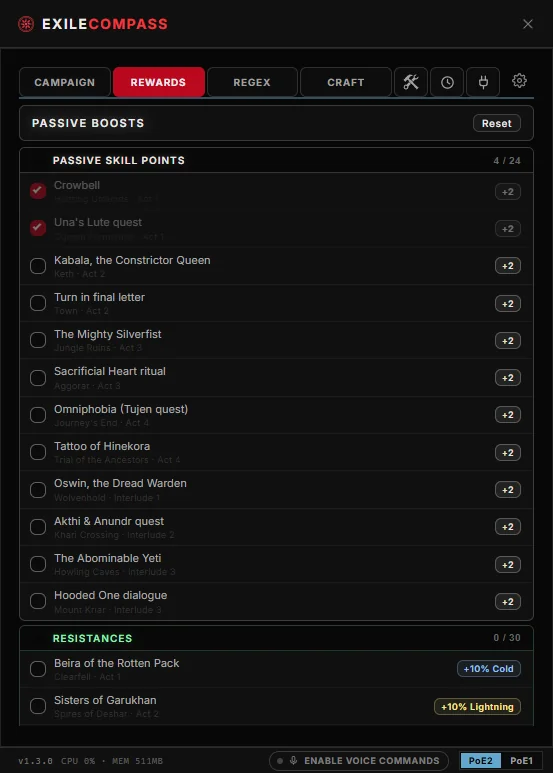 Passive boosts overlay listing passive skill point rewards by quest and act